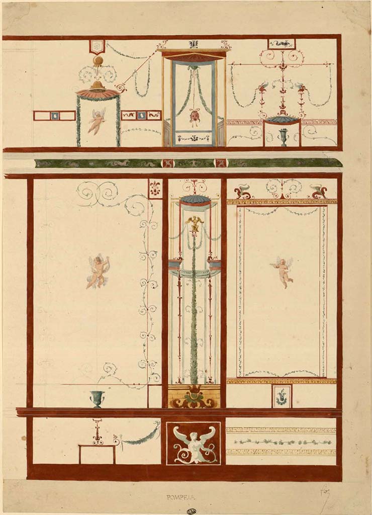 VIII.5.28 Pompeii. Between 1823 and 1828. Room 7, painting by F. Duban of east end of north wall? 
See Duban F. Album de dessins d'architecture effectués par Félix Duban pendant son pensionnat à la Villa Medicis, entre 1823 et 1828 : Tome 2, Pompéi, pl. 40.
INHA Identifiant numérique NUM PC 40425 (2)
https://bibliotheque-numerique.inha.fr/idurl/1/7157  « Licence Ouverte / Open Licence » Etalab
