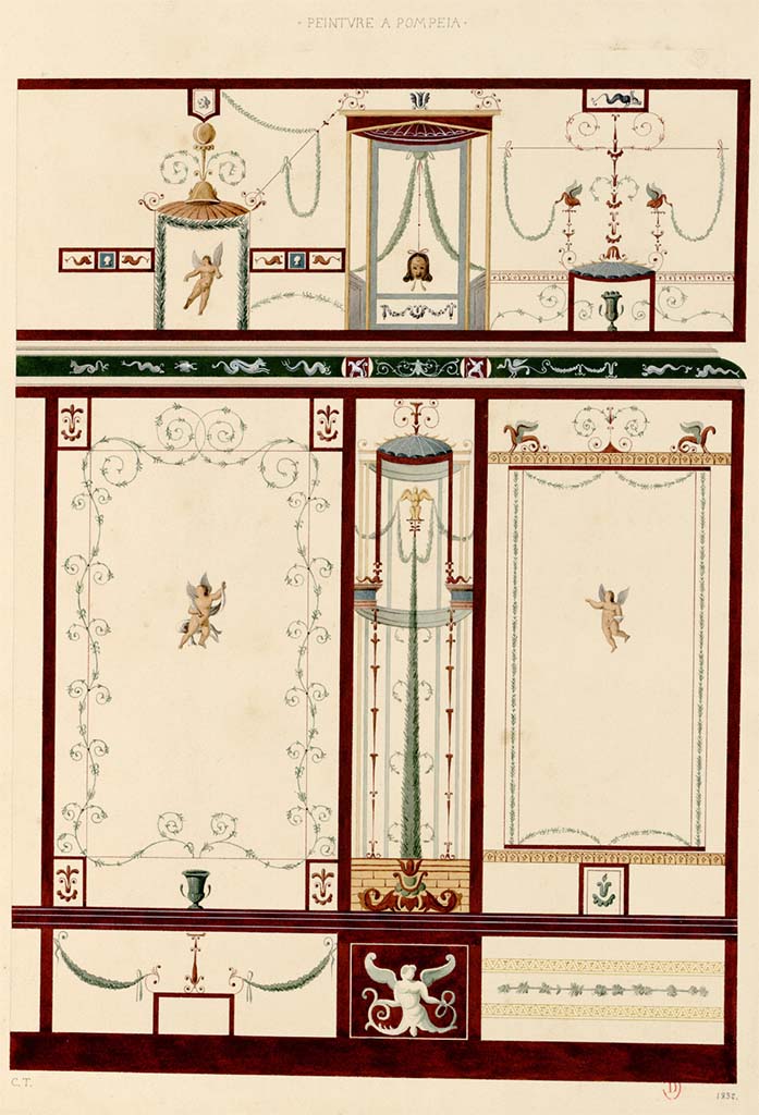 VIII.5.28 Pompeii. Room 7, 1832 painting by J.B. Plantar, of east end of north wall?
See Plantar, Jean-Baptiste (1790-1879) Album de dessins d'architecture et d'art décoratif, p. 13.
INHA Identifiant numérique : NUM MS 675. See Book on INHA 
Document placé sous « Licence Ouverte / Open Licence » Etalab