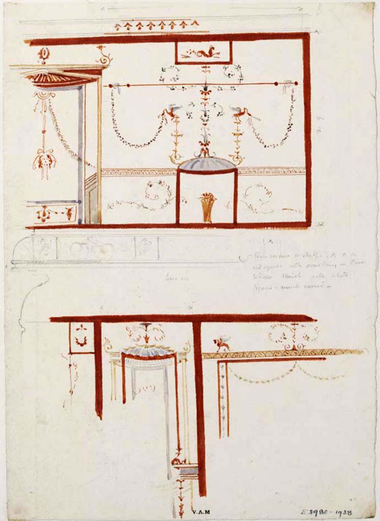 VIII.5.28 Pompeii. c.1840. Room 7. Painting by James William Wild showing detail from the north in a small room. 
Photo © Victoria and Albert Museum, inventory number E.3980-1938.
(Written in pencil on the painting 
“Low cornice or shelf running from AAA and squares with something on them between bluish and white figures, much ruined.”)
