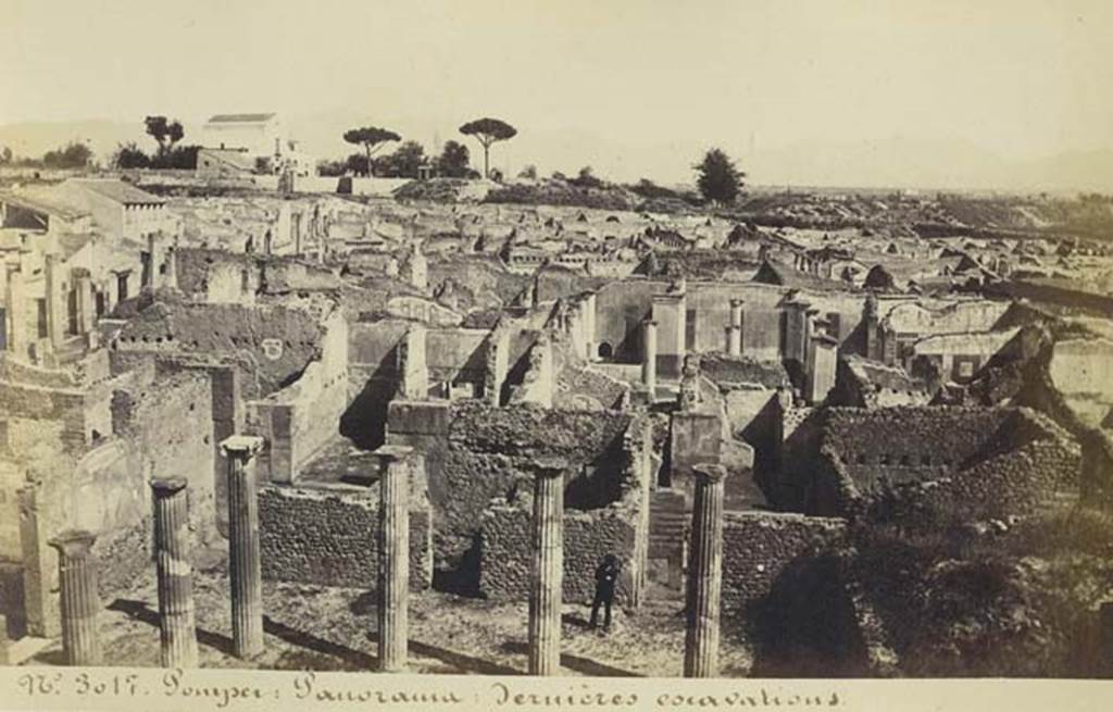 VIII.5.28 Pompeii, lower portion of photo. Old undated photograph by Amodio, numbered 3017, in an album dated c.1873.  Looking east across the excavations from above the peristyle of VIII.5.29 and the rooms on the east portico. Photo courtesy of Rick Bauer.