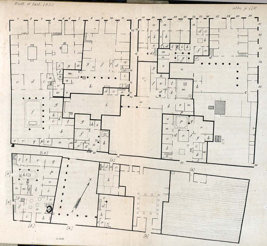 Plan in BdI, 1883, p.170, showing Reg. VIII. Insula 5, at the top.
Reg VIII. Insula 6 is shown in the lower plan.
According to BdI –
The front parts of the houses which flank Via dell’Abbondanza (on north side of the insula), had already been excavated for a long time, and are described by Fiorelli in his Descrizione, (p.446 following). 
We start from the north-west corner, following the Via dell’Abbondanza. 
(Le parti anteriori delle case che fiancheggiano la strada dell’Abbondanza (lato N dell’isola), già erano scavate da molto tempo, e sono descritte dal Fiorelli. Descr. (p.446 sgg). Noi cominciamo dall’angolo NO, seguendo prima la strada dell’Abbondanza.)
(We assume the new rooms excavated are numbered, those without a number would have been excavated from earlier.)
According to Eschebach –
VIII.5.1 – excavated 1819; VIII.5.17/20 – excavated 1819; VIII.5.18/19 – excavated 1813? and 1819; VIII.5.21 – excavated 1813. 
VIII.5.22/23 – excavated 1813; VIII.5.28/29 – excavated 1815, 1819, 1826, 1838.
VII.13.1/25 – excavated 1818; VII.13.2 - excavated 1818; VII.13.5 – excavated 1818; VII.13.6 – excavated 1818; VII.13.7 – excavated 1819.
VII.13.8/14 – excavated 1819. 
See Eschebach, L., 1993. Gebäudeverzeichnis und Stadtplan der antiken Stadt Pompeji. Köln: Böhlau. 
See Bullettino dell’Instituto di Corrispondenza Archeologica (DAIR), 1883, p. 170.