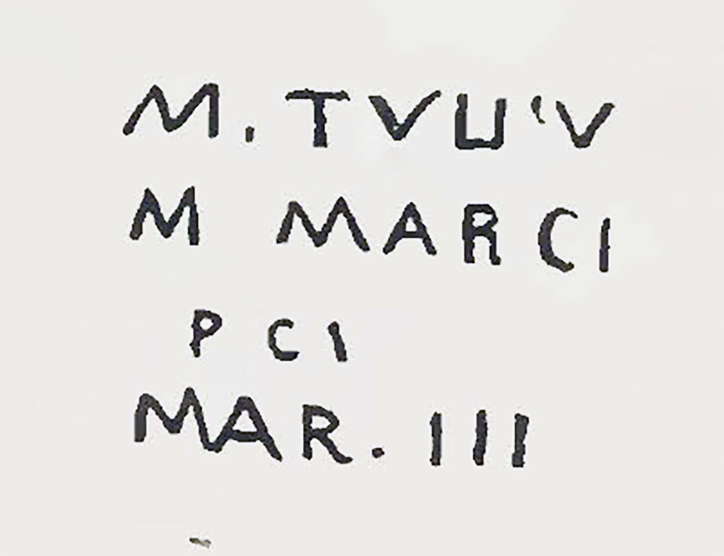 VIII.2.39 Pompeii. c.1832. Inscription in large red letters still faintly perceptible on the blocks of stone at the entrance.
See Gell, W, 1832. Pompeiana: Vol 2. London: Jennings and Chaplin, p.55.
CIL IV records
VIA DELLA FONTANA DELL'ABBONDANZA.
CIL IV 42 
inter n. 28 et 29, in muro aedium imp. Francisci II. In aedibus imp. Iosephi II. GELL male.
   
M · TVLIV = 0,26 m.
Descripsimus (MZ). Ed. Gell 1832 II p. 55.-    M·TVLLI·V Gell.
CIL IV 43 
infra praecedentem colore paulum diverso.
In aedibus imp. Iosephi II. GELL male.
   M · MARIV//
   COL…
Descripsimus (KZ). Ed. Gell 1832 II p. 55.
   M MARCI 
   PCI 
   MAR ·III Geli. - 2 ego vidi solus.