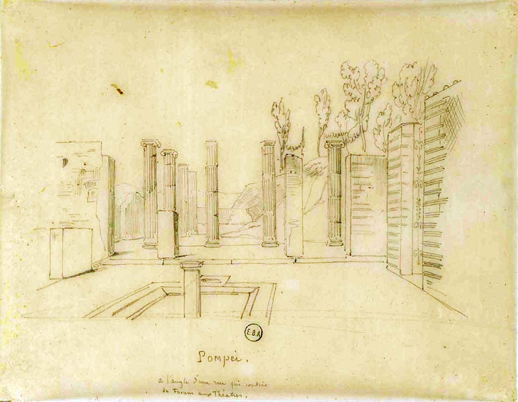 VIII.5.28 Pompeii. Sketch, looking south across atrium, described as “at the corner of a road leading from the Forum to the Theatres”.
See Lesueur, Jean-Baptiste Ciceron. Voyage en Italie de Jean-Baptiste Ciceron Lesueur (1794-1883), pl. 70.
See Book on INHA reference INHA NUM PC 15469 (04)  « Licence Ouverte / Open Licence » Etalab