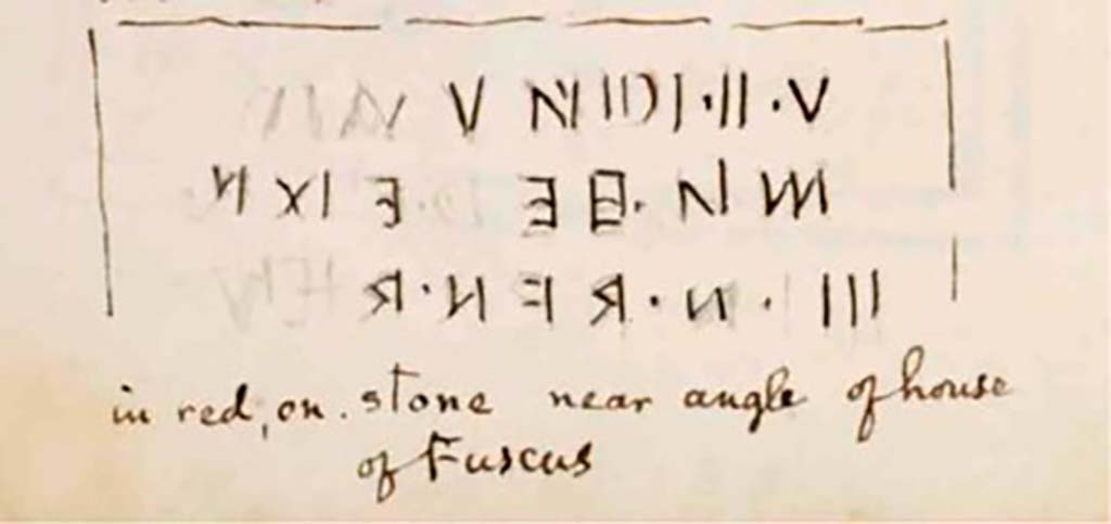 VIII.5.31 Pompeii.  c.1830. Drawing by Gell of wording in red, on stone near angle (corner?) of house of Fuscus.
See Gell, W. Sketchbook of Pompeii, c.1830. 
See book from Van Der Poel Campanian Collection on Getty website http://hdl.handle.net/10020/2002m16b425