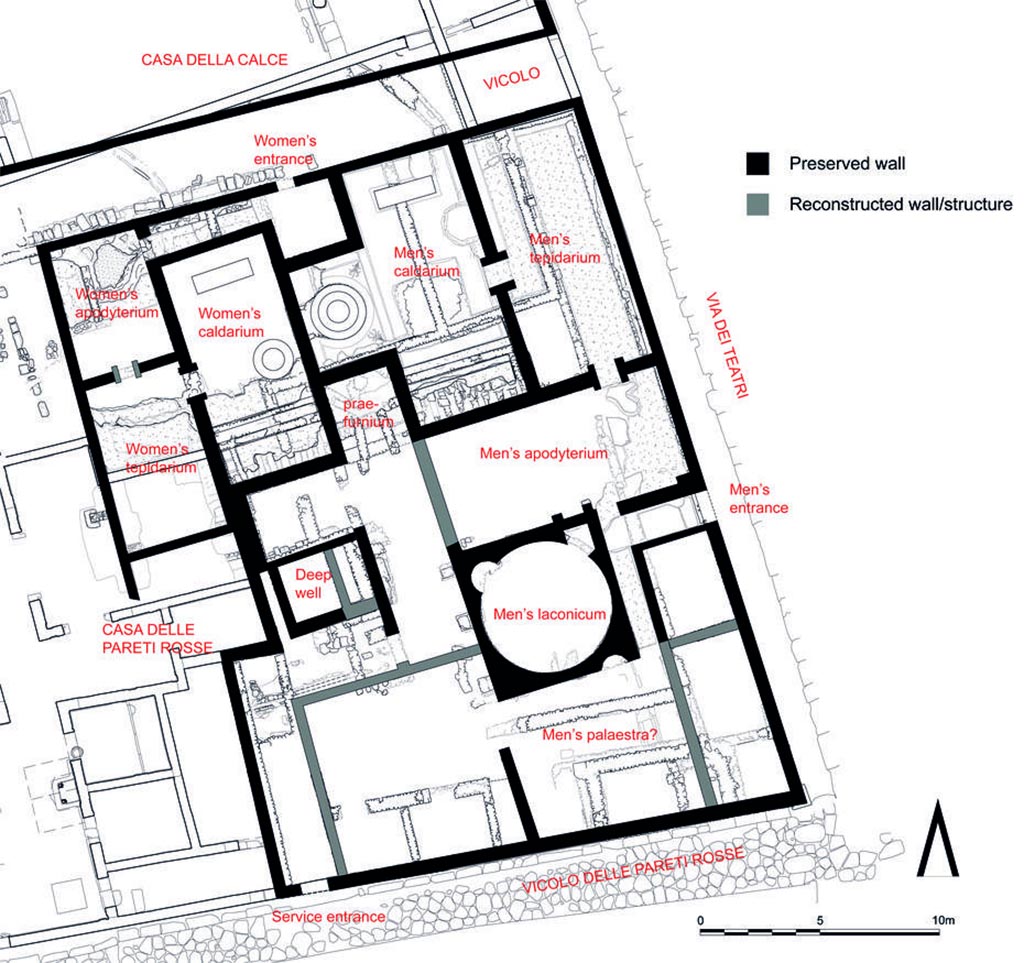 VIII.5.36 Pompeii. 1950 Plan of Terme repubblicane or Republican Baths. 
Preliminary reconstruction of the original baths (on top of the new state plan), built around 150 BC
Photo courtesy of Freie Universität Berlin.
See Bathing Culture and the Development of Urban Space: FU Berlin