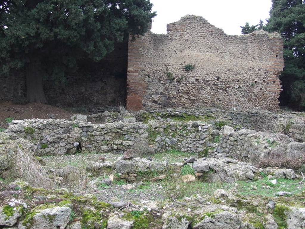 VIII.5.36 Pompeii. December 2006. Looking towards west side, with site of Well (P) near wall, in the centre. 
According to Maiuri - 
Well and water system.
“The water in service of the baths was supplied by a Well (P) which, like all the wells prior to the channelling of water in Pompeii, drew on the water-table at a depth of about twenty metres……….”
“Finally, connected to the well are the basins (p1-p2) which are very deteriorated and which, due to their smallness, seem to belong more to the earliest phase than to the last phase of the baths”.
See Maiuri, A. Notizie degli Scavi, 1949-50, (p.128).
 
(Pozzo e impianto idrico
L’acqua in servizio della terma veniva fornite da un pozzo (P) che, a somiglianza di tutti i pozzi precedenti la canalizzazione dell’acqua a Pompei, attingeva la falda freatica a circa venti metri di profondita……….
Connesse con il pozzo sono infine le vasche (p1 – p2) molto deteriorate e che, per la loro piccolezza, sembrano appartenere piu alla fase anteriore che alla fase ultima della terma.)