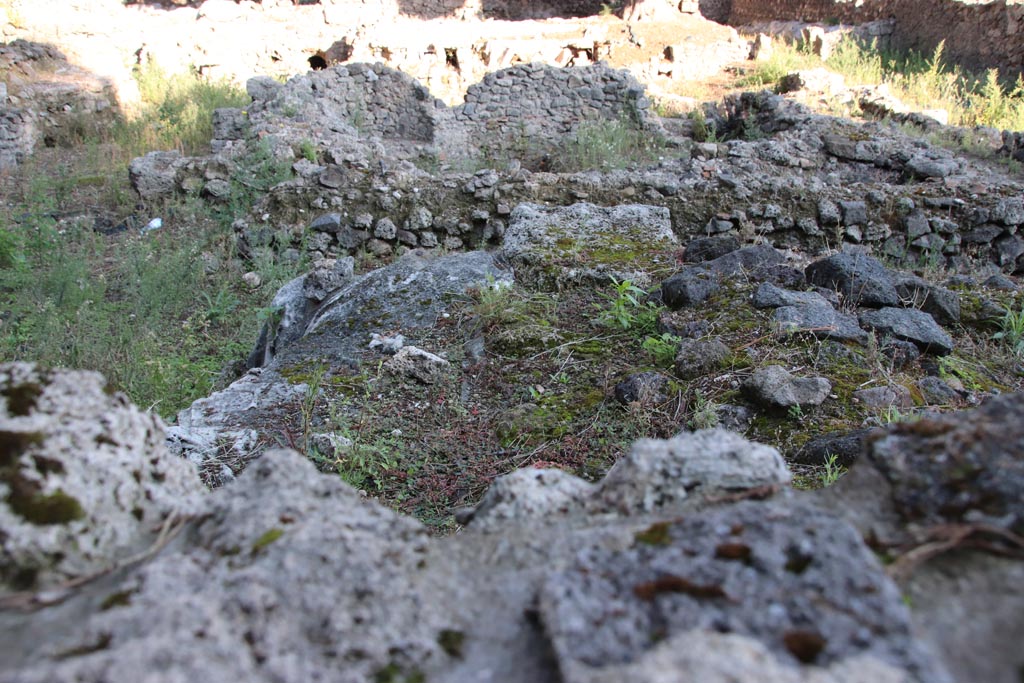 VIII.5.36 Pompeii. October 2022. 
Looking north towards Frigidarium, from room on south side near Vicolo delle Pareti Rosse. Photo courtesy of Klaus Heese. 
According to Maiuri –
“The Frigidarium (F) is exclusively part of the men’s bath, and has the typical structural form of the Pompeian frigidaria of the Stabian Baths and Forum Baths. It has a square plan on the outside, a circular plan on the inside with a single door (f1) in the north-east corner in place of one of the niches.
Emptied and stripped of all coverings, it no longer retains any trace of the circular basin and the steps that led to it. The structure, although it appears rougher and with more collected material, is coeval with the rest of the bath: here too you can see the re-used Sarno stone blocks used in the corners and at the head of the jambs. The only trace that remains of the water system are the remains of a cemented and mortar-framed terracotta pipe, at the bottom.
Instead of four niches on the inside, there are two on the inside and two on the outside; and of the two internal ones, one is used as an entrance doorway (f1), the other (f2) inserted at the rear and in place of another entrance that was later closed: the two external niches (f3-f4) facing an area that could, as mentioned, have been used as a Xystus, if not a Gymnasium, seem rather to be scholae used for resting on.”
See Maiuri, A. Notizie degli Scavi, 1949-50, (p.120).
(Il frigidarium (F) fa parte esclusivamente del bagno maschile, e presenta le tipiche forme struttive dei frigidaria pompeiani delle Terme Stabiane e delle Terme del Foro. A pianta quadrata esternamente, a pianta circolare internamente con un’unica porticina (f1) ricavata nell’angolo nord-est al posto d’una delle nicchie. Svuotato e spogliato d’ogni rivestimento, non conserva piu alcuna traccia della vasca circolare e dei gradini che vi adducevano. La struttura, per quanto appaia piu rozza e con materiale piu raccogliticcio, e coeva col resto della terma: si osservano anche qui i blocchi di rimpiego in pietra di Sarno usati negli spigoli e alle testate degli stipiti. La sola traccia che resta dell’impianto idrico soni i resti al fondo d’una tubazione di terracotta cementati e incorniciati di malta.
In luogo di quattro nicche all’interno, se ne hanno due all’interno e due all’esterno; e delle due interne una e usata quale porta d’ingresso (f1), l’altra (f2) inserita posteriormente e al posto di un altro ingresso che venne successivamente richiuso: le due nicchie esterne (f3-f4) rivolte verso un’area che poteva, come s’e accennato, aver ufficio di xystus, se non proprio di palestra, sembrano piuttosto scholae di riposo.)