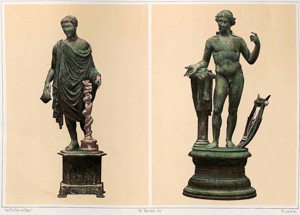 VIII.5.37 Pompeii. Bronze statuettes of Apollo and Mercurio from the lararium in the atrium. 
According to Niccolini – Mercury was later transformed into Aesculapius with the addition of a stick, which envelops the serpent.
See Niccolini F, 1896. Le case ed i monumenti di Pompei: Volume Quarto. Napoli, Supplemento Tav. VII.