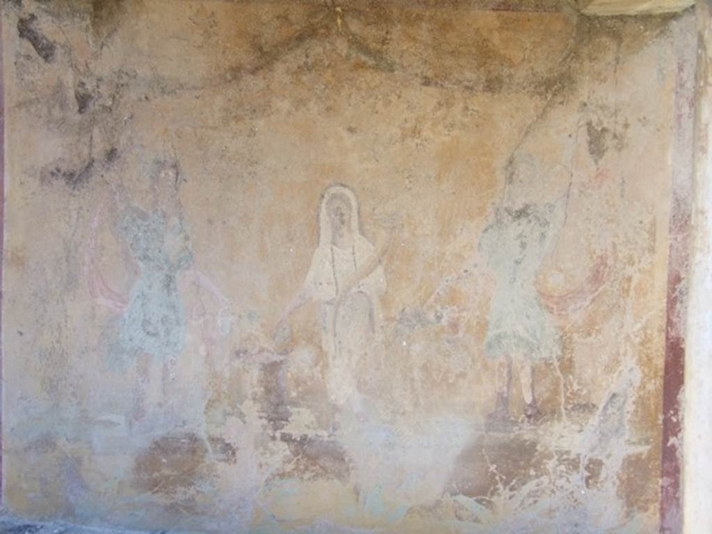 VIII.5.37 Pompeii.  March 2009. Lararium painting of the Genius with Cornucopia and dressed in a toga making a sacrifice at the round altar. 
On either side are two Lares dressed in blue tunics.