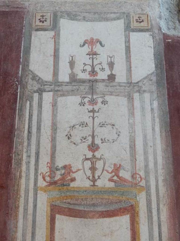 VIII.5.37 Pompeii. May 2017. Room 13, detail from centre south end of west wall after restoration. Photo courtesy of Buzz Ferebee.