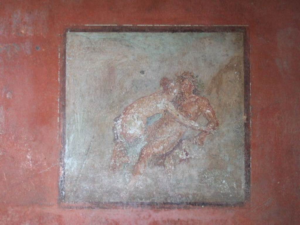 VIII.5.37 Pompeii. September 2005. Room 14, central wall painting from south wall of oecus. According to PPP, pt 3, this painting is of Galatea and Polyphemus See Bragantini, de Vos, Badoni, 1986. Pitture e Pavimenti di Pompei, Parte 3. Rome: ICCD. (p.356) According to Richardson, this painting is of Nymph and Silenus (or Polyphemus and Galatea). See Richardson, L., 2000. A Catalog of Identifiable Figure Painters of Ancient Pompeii, Herculaneum. Baltimore: John Hopkins. (p.127)