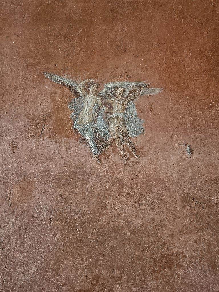 VIII.5.37 Pompeii. November 2024.
Room 14, detail of painted flying figures from west end of south wall. Photo courtesy of Annette Haug.