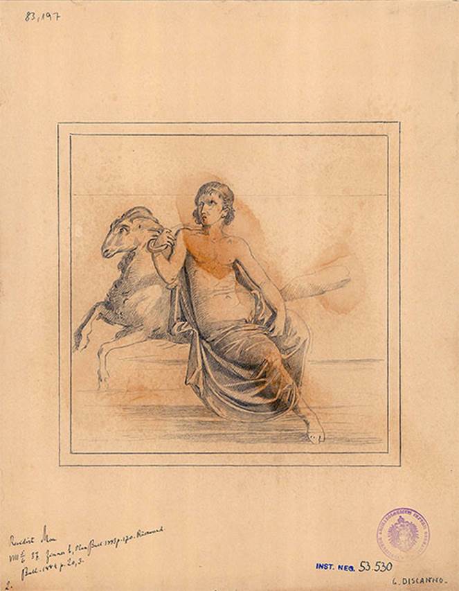 VIII.5.37 Pompeii. Room 14, central painting on west wall of oecus. 
Drawing by Discanno of wall painting of Phrixus (or Phryxus or Frisso) and the ram.
DAIR 83.197. Photo © Deutsches Archäologisches Institut, Abteilung Rom, Arkiv. 
See http://arachne.uni-koeln.de/item/marbilder/5022369
