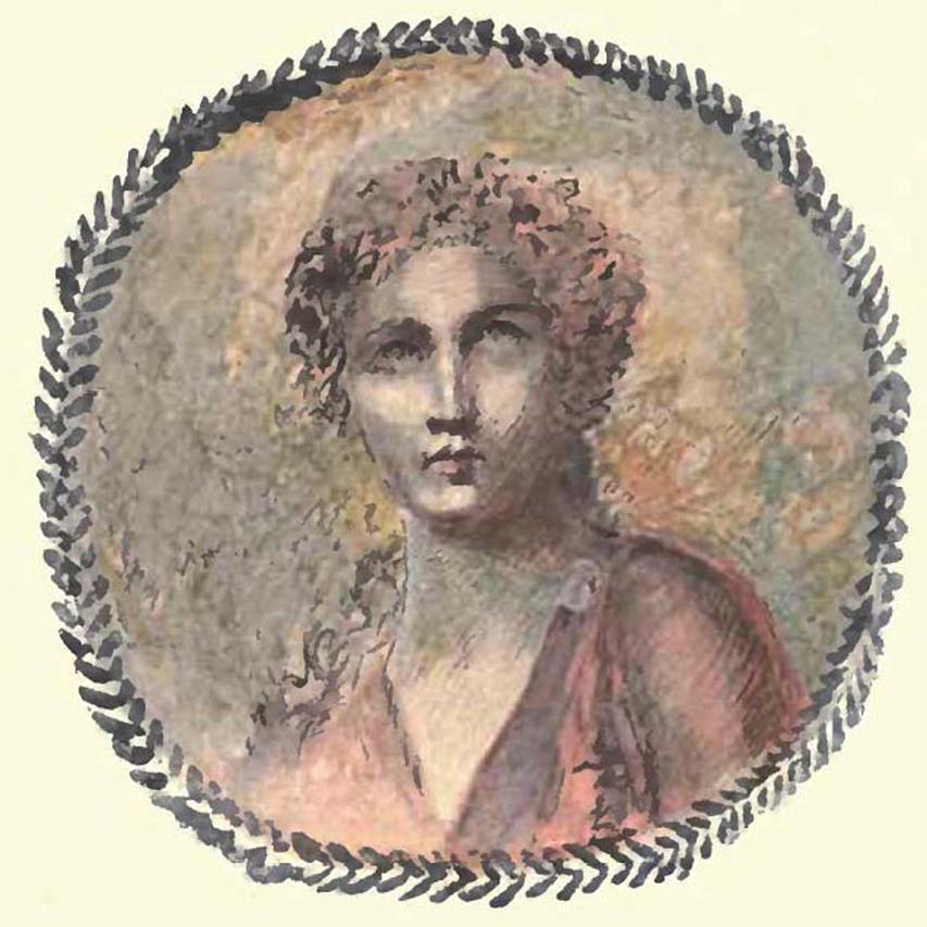 VIII.5.39, Pompeii. Painting of the head of a young girl in medallion, probably from the triclinium, by Pierre Gusman. 
See Gusman, P. (1900). Pompei, the city, its life and art. London, William Heinemann. (pl.6).