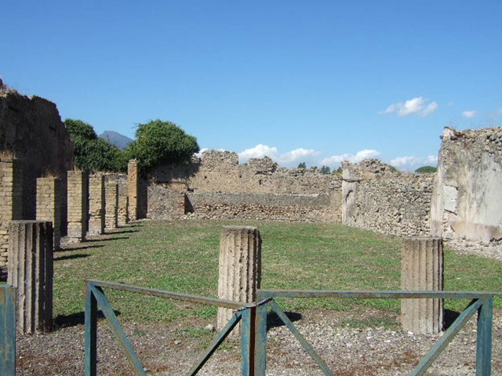 VIII.6.2  Pompeii. September 2005. Looking north.
According to Jashemski, this large area had a portico on the west and the south. This portico was supported by pillars of brick and three old tufa columns. The columns, which were on the south, appeared to be the remains of an earlier building. The site was thought to have been still under construction in AD79, the roof of the portico not yet built. However, the intended use of the site was not known. See Jashemski, W. F., 1993. The Gardens of Pompeii, Volume II: Appendices. New York: Caratzas. (p.219)