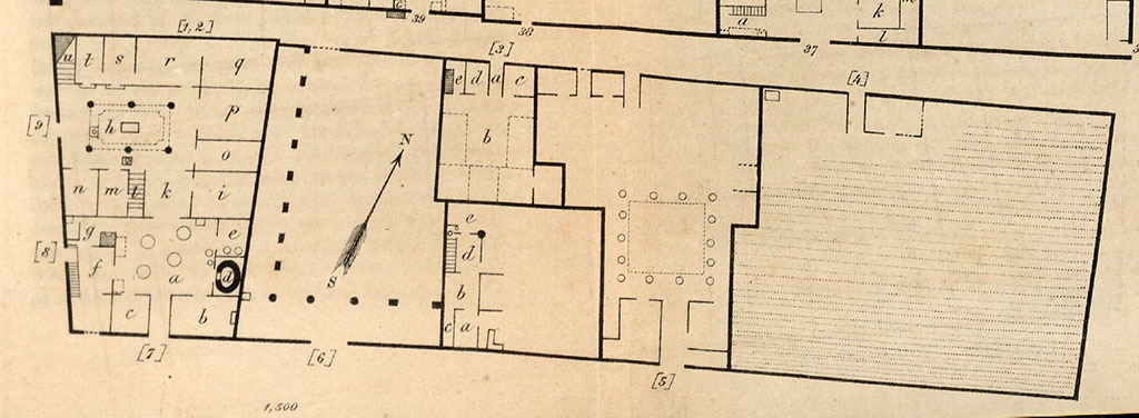 VIII.6.4 Pompeii. Plan, doorway numbered (5), with unnumbered “blocked” doorway on north side of insula.
See Bullettino dell’Instituto di Corrispondenza Archeologica (DAIR), 1883, p.170.