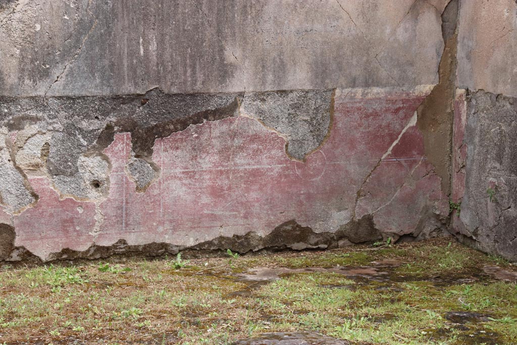 VIII.6.10 Pompeii. May 2024. Room “i”, detail of painted decoration on zoccolo of lower east wall at south end. Photo courtesy of Klaus Heese.