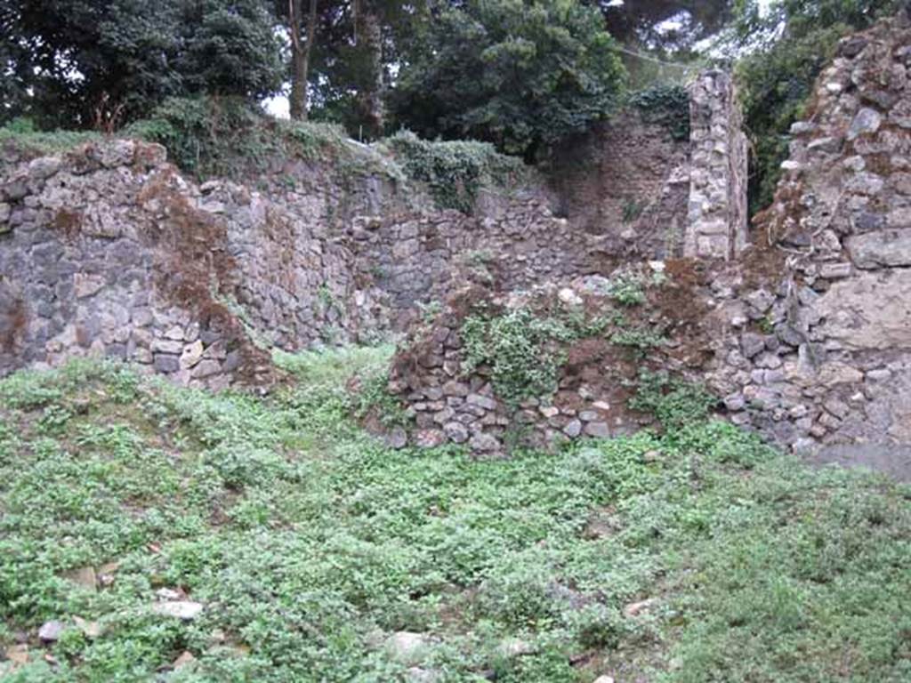 VIII.7.1 Pompeii. September 2010. Looking west across garden area to rear wall, in centre of picture, and beyond to part of VII.7.6. Photo courtesy of Drew Baker.