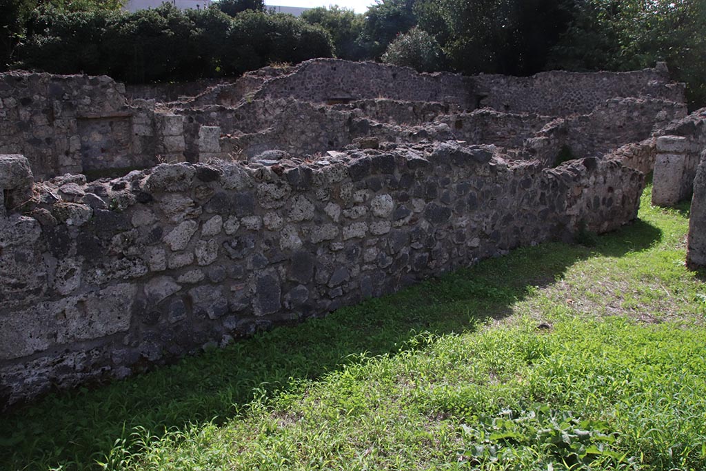 VIII.7.10 Pompeii. October 2024. 
Looking west along south wall of shop, leading into south wall of corridor to rear. Photo courtesy of Klaus Heese.
