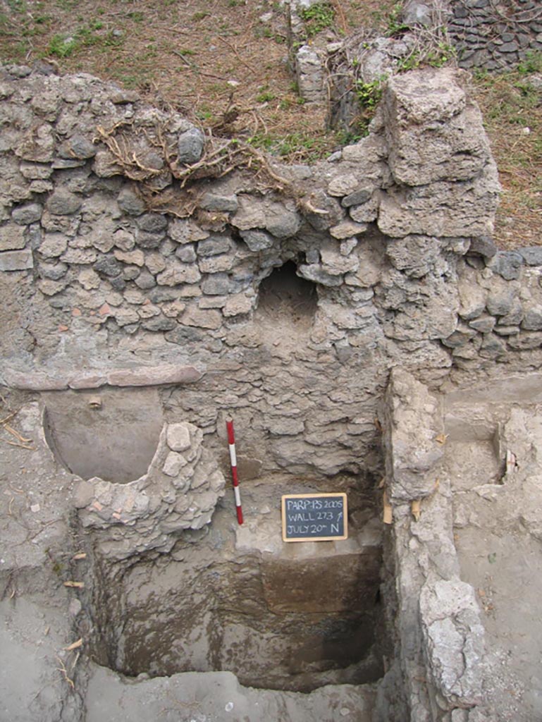 VIII.7.10 Pompeii. July 2005. Image of the north wall of garden area, that seems to still have a clear niche.
Photo courtesy of Pompeii Archaeological Research Project: Porta Stabia.
PARP: PS excavations in 2005 revealed a small semi-circular basin projecting from the north wall. 
This collected water from a spout that protruded from the wall. 
It was likely it was a settling tank and as there was no drain, water overflowed east along a pipe through the protruding wall into a small basin which in turn fed into a cistern mouth. 
Below this a very well preserved, completely intact cistern was found that was 2 metres deep, 1.5m wide and 7m long.
This indicates that a considerable amount of water was held here, with a system of settling tanks to keep it fresh.
See PARP: PS 2005 season report http://www.fastionline.org/docs/FOLDER-it-2005-48.pdf . (p. 4, figs. 11, 13, 14, 15).