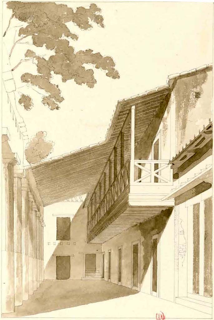 VIII.7.16 Pompeii. July 1826. Sketch by P.A. Poirot, looking east towards south-east corner.
See Poirot, P. A., 1826. Carnets de dessins de Pierre-Achille Poirot. Tome 2 : Pompeia, pl. 44.
See Book on INHA  Document placé sous « Licence Ouverte / Open Licence » Etalab