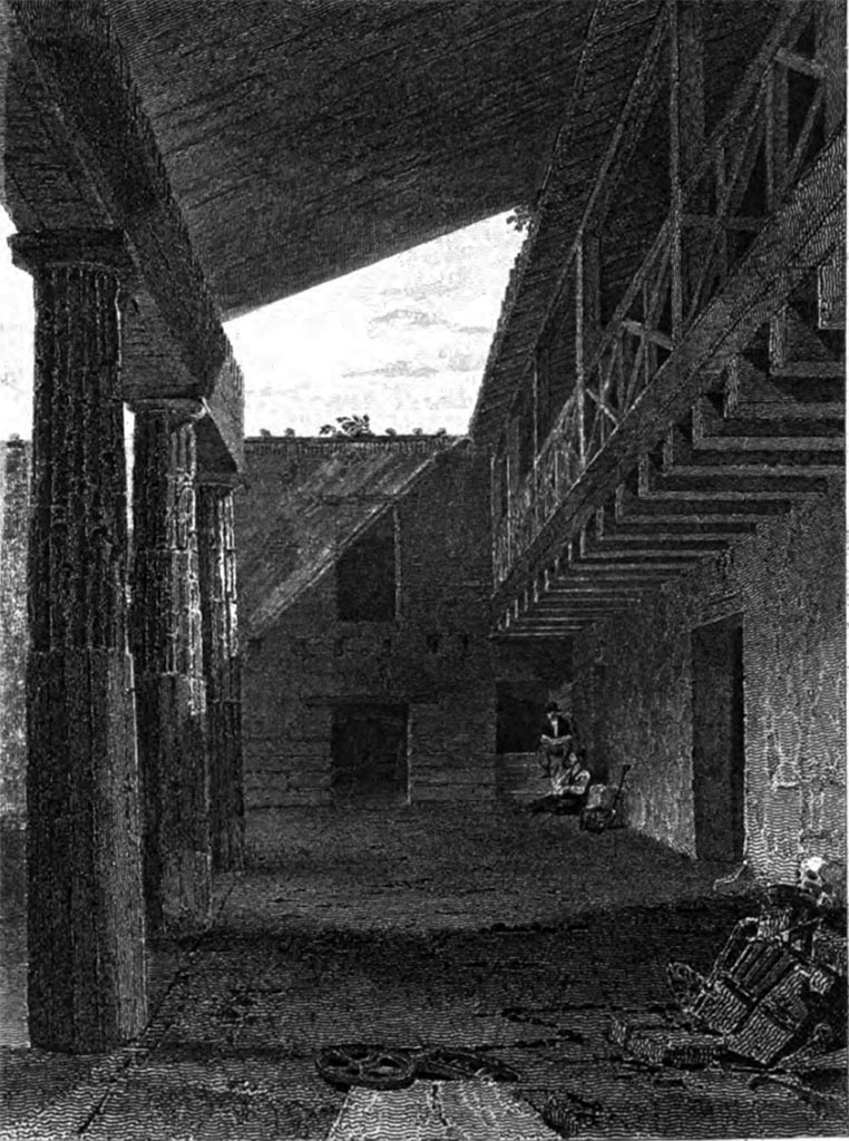 VIII.7.16. 1852 drawing from Pompeiana. Looking east along south side towards south-east corner.
According to Gell,
“The stuccoed columns were alternately painted red, yellow, or blue; the unfluted part always red. 
The gallery is restored, we are told, as pointed out by the carbon of the ancient woodwork. 
The angle represented is that next to the taverna.”
See Gell, W. and Gandy, J., 1852. Pompeiana: Third Edition. London: Bohn. (p.194, pl. 72)