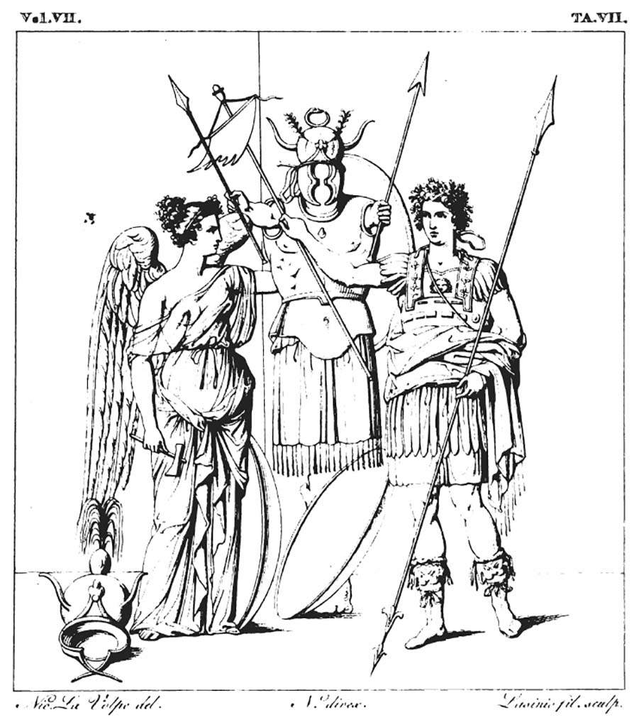 Pompeii, Herculaneum or Villa San Marco, Stabia? Drawing of painting by La Volpe of Vittoria, tropaion and victorious warrior.
According to RMB, this is described as –
“ ………… One of these is precisely the painting of a plaster found in the excavations of Herculaneum, and specifically in Civita one of its nearby neighbours; 
a painting that we have exactly outlined in this table. ………..
When this beautiful painting came out of the excavations it was drawn and engraved by our Herculaneum Academics, who rendered it for public reason in Volume III of the Paintings table XXXIX, to the explanation of which we leave those readers who desire greater knowledge.”
See Real Museo Borbonici, Vol. 7, 1831, Tav. VII. (Antico dipinto Ercolanese).
(“......... Uno di questi ci presenta per l’appunto il dipinto di un intonaco rinvenuto nelle scavazioni di Ercolano, e propriamente in Civita una delle sue adjacenze; dipinto che abbiamo fatto esattamente delineare in questa tavola. ..........
Allorché questo bel dipinto venne fuori dagli Scavi fu fatto disegnare ed incidere da' nostri Accademici Ercolanesi, i quali lo reser di pubblica ragione nel Tomo III delle Pitture tavola XXXIX, alla spiegazione della quale rimettiamo que’ lettori che han vaghezza di maggiore erudizione.”)
Vedi Real Museo Borbonici, Vol. 7, 1831, Tav. VII. (Antico dipinto Ercolanese).