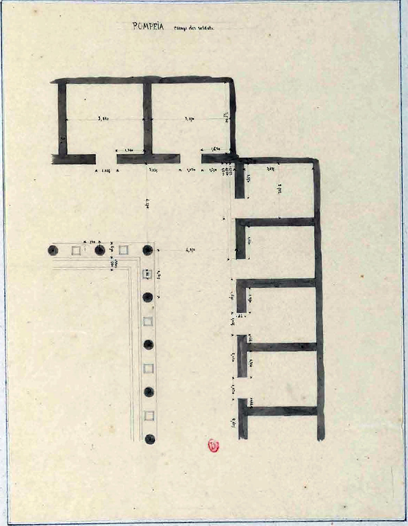 VIII.7.16 Pompeii. 1826. Detailed drawing of south-west corner and surrounding rooms.
See Poirot, P. A., 1826. Carnets de dessins de Pierre-Achille Poirot. Tome 2 : Pompeia, pl. 40.
See Book on INHA  Document placé sous « Licence Ouverte / Open Licence » Etalab