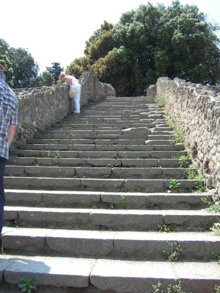VIII.7.16 Pompeii.  September 2005.  The large staircase to Triangular Forum over the room in the NW corner in the Gladiators Barracks.
