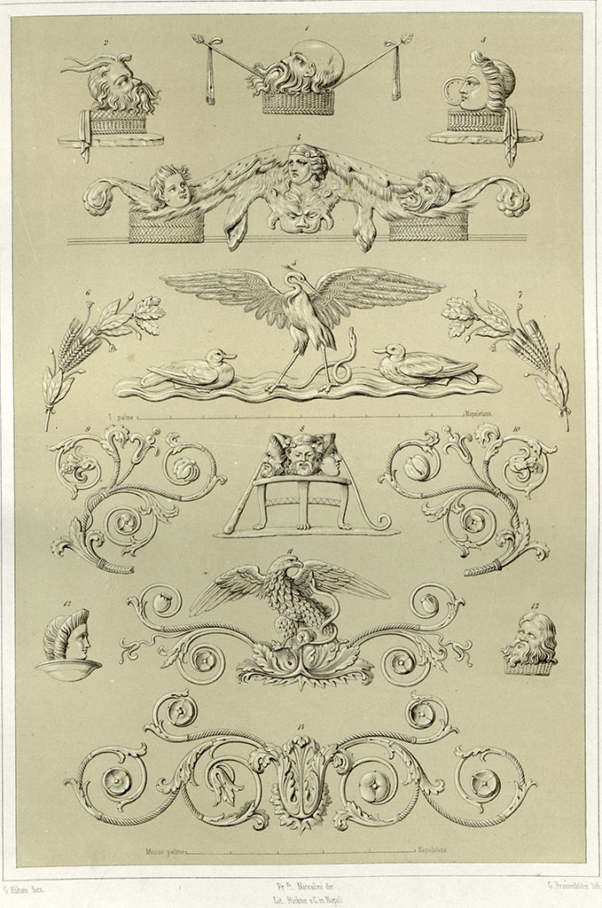 VIII.7.16 Pompeii. 
Drawings by G. Abbate of particulars from leggings, shields and weapons in Tav. IV. above.
See Niccolini F, 1854. Le case ed i monumenti di Pompei: Volume Primo. Napoli, (Caserma dei Gladiatori, Tav V).