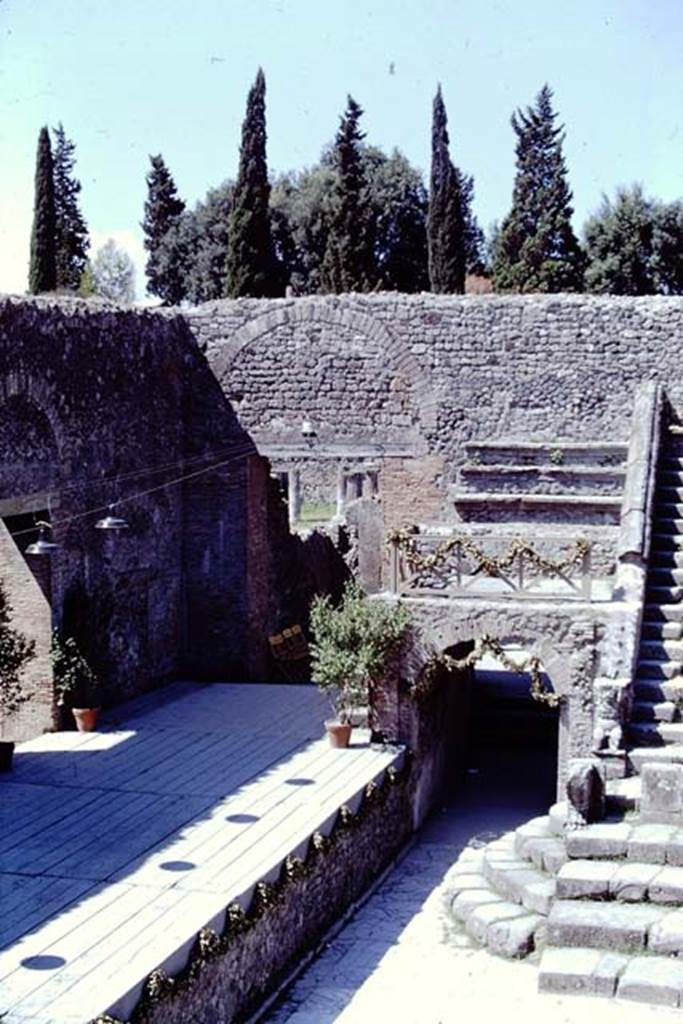 VIII.7.19 Pompeii. 1968. Looking south-west across stage and Theatre, decorated for a performance. Photo by Stanley A. Jashemski.
Source: The Wilhelmina and Stanley A. Jashemski archive in the University of Maryland Library, Special Collections (See collection page) and made available under the Creative Commons Attribution-Non Commercial License v.4. See Licence and use details.
J68f1069