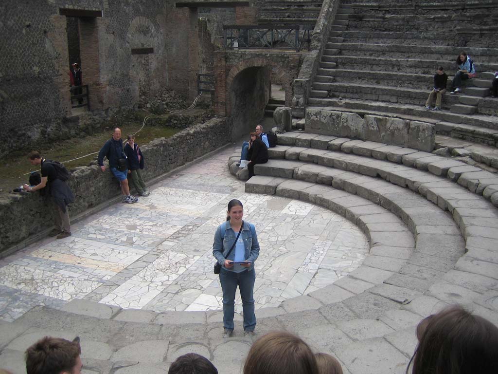 VIII.7.19, Pompeii. April 2005. Looking south-west across Little Theatre/Odeon towards entrance/exit on western side.
Photo courtesy of Klaus Heese.