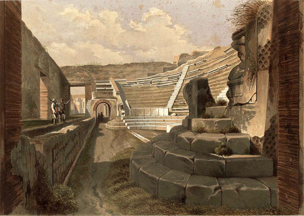 VIII.7.19 Pompeii. 1854. Looking west across Theatre. Painting by T. Duclère published by Niccolini.
The line of the dedication can be seen running between the ends of the first row of seats.
Niccolini attributes this to M. Olconio in line with the erroneous Bonucci restoration rather than the original M. Oculatius.
See Niccolini F, 1854. Le case ed i monumenti di Pompei: Volume Primo. Napoli, Teatri Tav. III and p. 5, Tav. I n. 29.