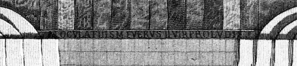 VIII.7.19 Pompeii. Detail from drawing by Mazois of theatre in which the dedication letters can be seen parallel to the stage at the edge of the front row of seats.