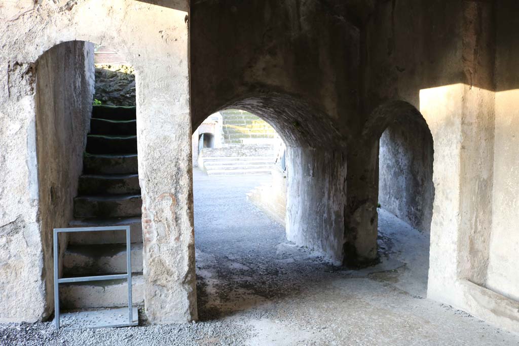 VIII.7.20 Pompeii. December 2018. 
Looking west to steps to the Tribunal and entrance to the Large Theatre. Photo courtesy of Aude Durand.