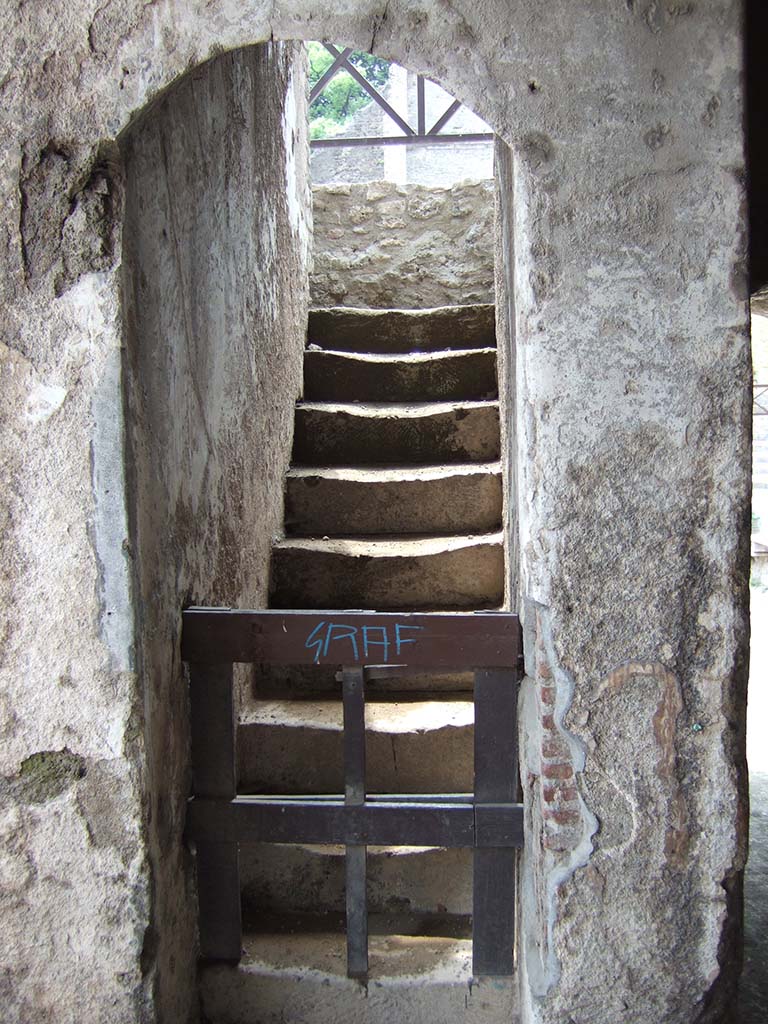 VIII.7.20 Pompeii. May 2006. Large Theatre. Steps to the Tribunal. 
The tribunal was a box reserved for such as the magistrate who gave the play, honoured guests, or priestesses.