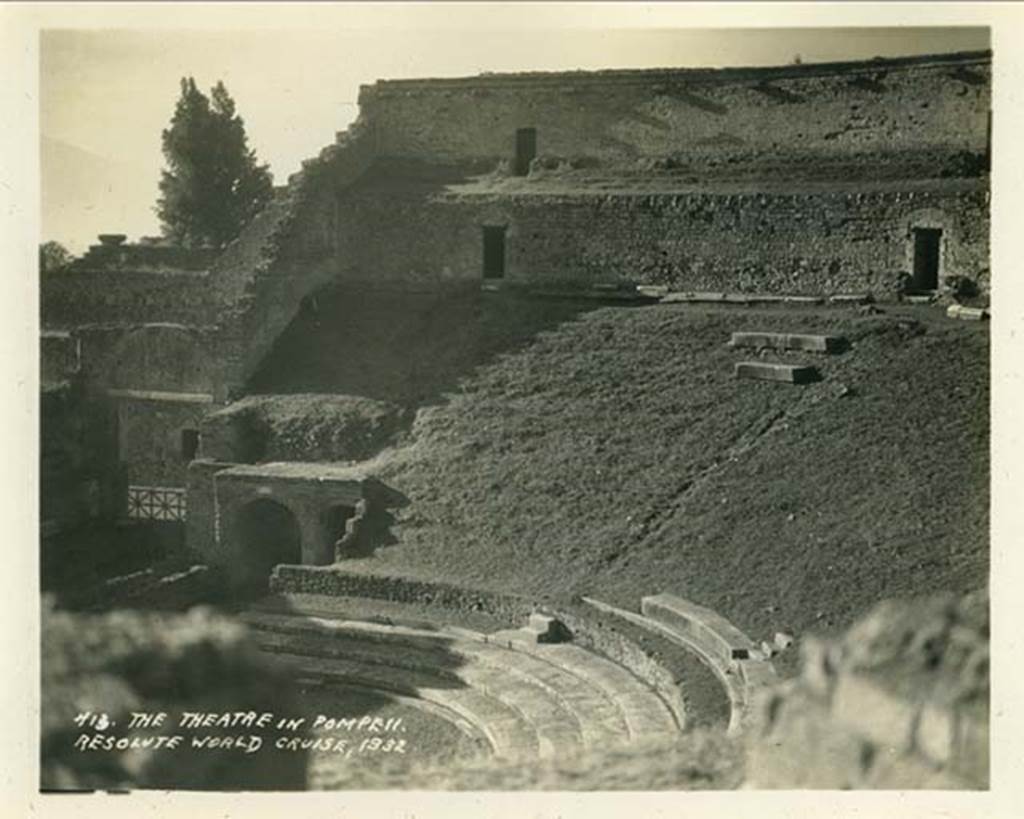 VIII.7.20  Large Theatre, Pompeii. 1932. Looking west. Photo taken during a shore-visit from the ship Resolute’s world cruise in 1932.  Photo courtesy of Rick Bauer.