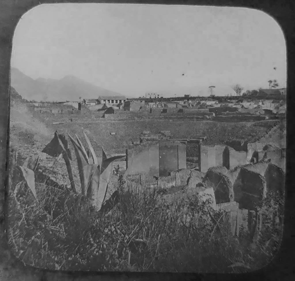 VIII.7.20 Pompeii. c.1900. C. and G. Lantern slide published by A. Laverne. 
Looking north-east from steps leading to Triangular Forum, towards Large Theatre.