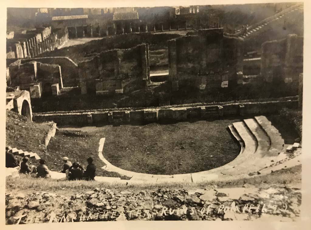 VIII.7.20 Pompeii. 2nd February 1924. Looking south towards stage from top of Theatre.  
Photo courtesy of Rick Bauer.