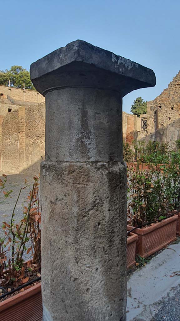 VIII.7.20 Pompeii August 2021. 
Detail of column on east end of Large Theatre near the stage.
Foto Annette Haug, ERC Grant 681269 DÉCOR.