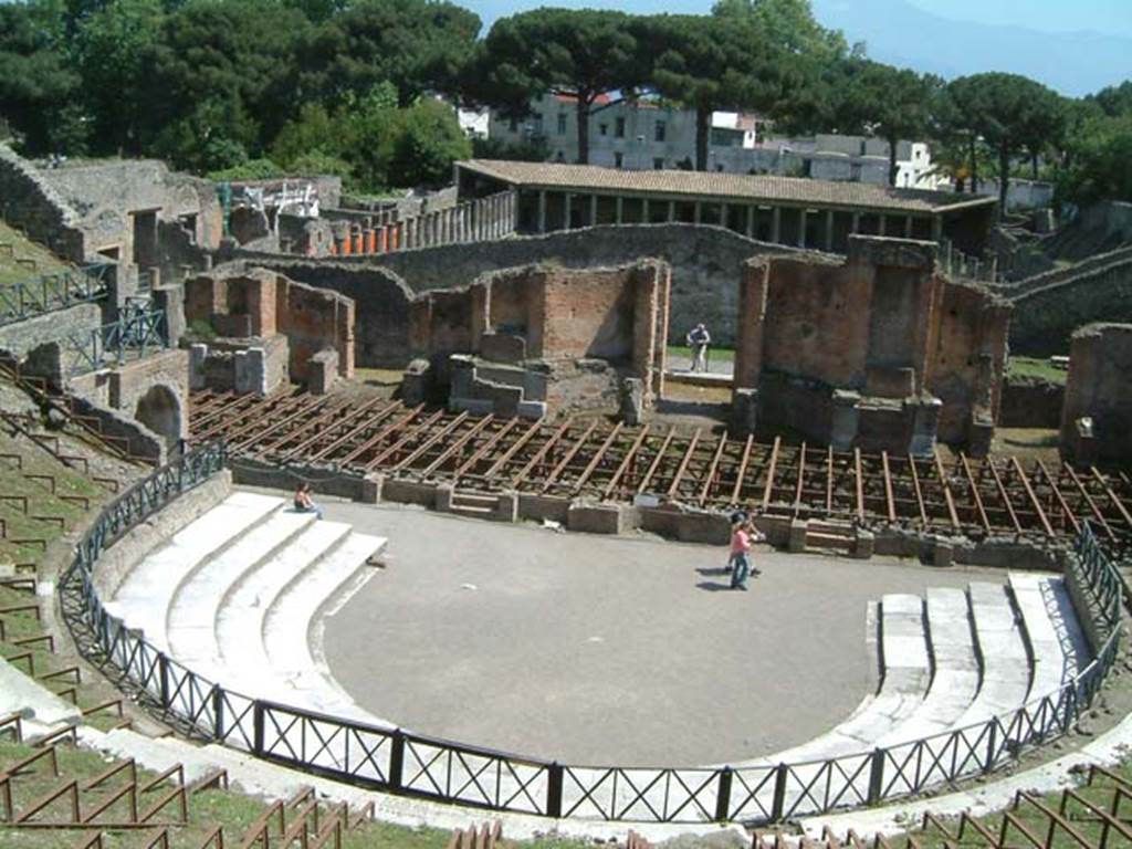 VIII.7.21 May 2002. Looking south to stage from the top of the theatre. Photo courtesy of David Hingston.
