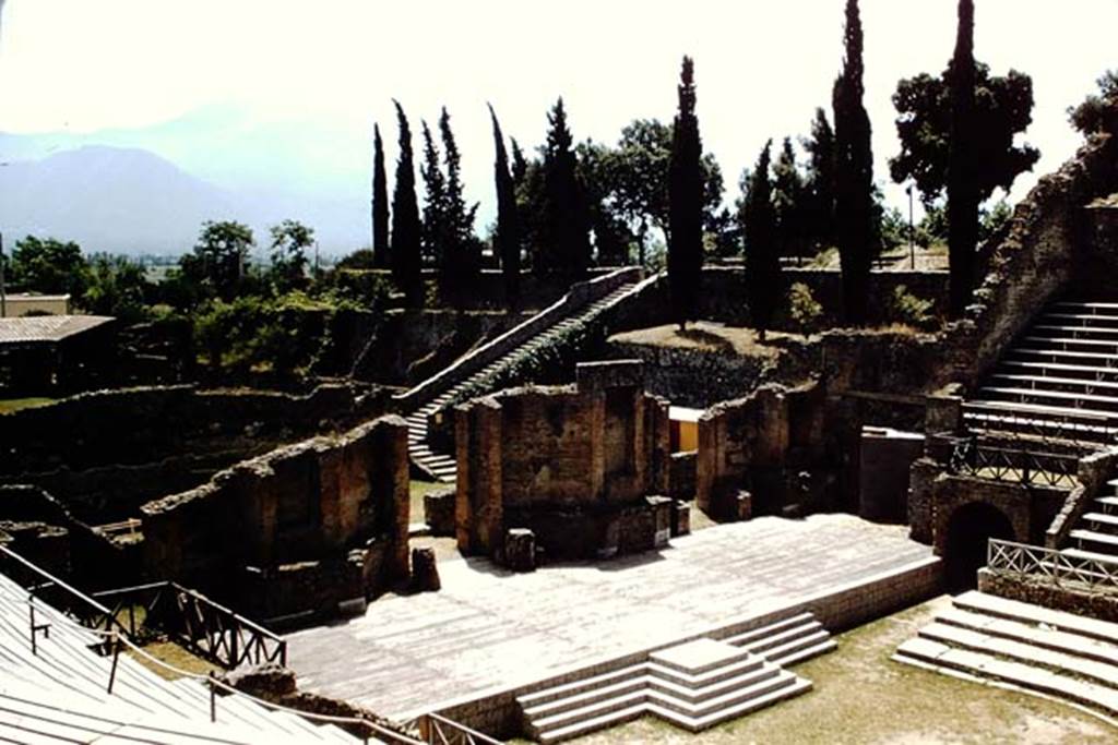 VIII.7.21 Pompeii. 1959. View of stage from the top of the theatre. Photo by Stanley A. Jashemski.
Source: The Wilhelmina and Stanley A. Jashemski archive in the University of Maryland Library, Special Collections (See collection page) and made available under the Creative Commons Attribution-Non Commercial License v.4. See Licence and use details.
J59f0266