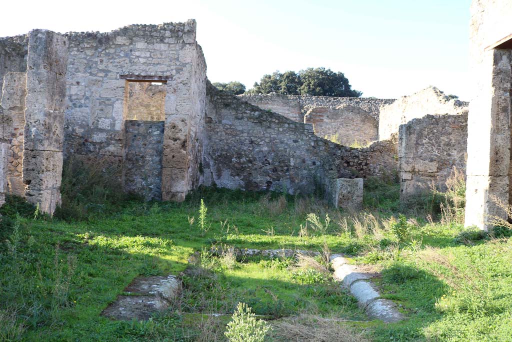 VIII.7.24, Pompeii. December 2018. 
Looking west across impluvium in atrium towards tablinum, and oecus. Photo courtesy of Aude Durand.
