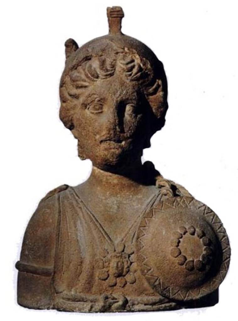 VIII.7.25 Pompeii. Terracotta statue of an armed goddess found in the cella.
The statue was considered to be a representation of Minerva but may now be identified as Bellona the goddess of war.
Now in Naples Archaeological Museum. Inventory number 22573.