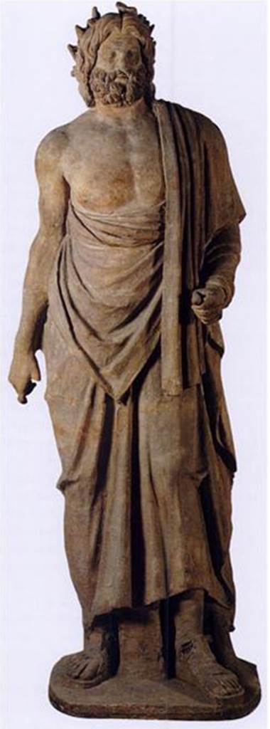 VIII.7.25 Pompeii. 27th September 1766. 
Terracotta statue of Aesculapius or Asclepius the god of medicine and healing, found in the cella.
The statue was set in the platform with the use of mortar and, below the base, had “two bronze medals of intermediary form”.
Now in Naples Archaeological Museum. Inventory number 22574.