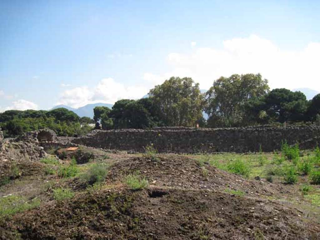 VIII.7.26 Pompeii. September 2010. South wall of garden and south-east corner,  looking south towards Odeon. Photo courtesy of Drew Baker.