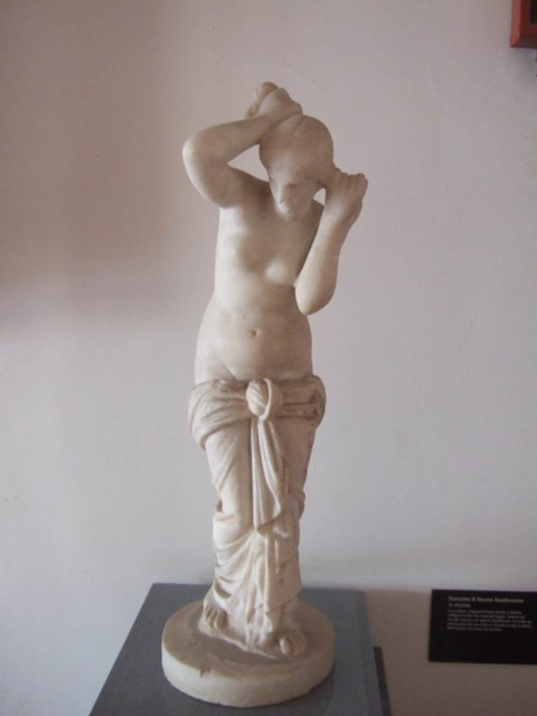 VIII.7.28 Pompeii. Marble statue of Venus Anadyomene (Venus drying her hair after a bath). 
Venus (or Aphrodite) in the Roman world was often identified with Isis.
Originally found with well preserved painting and gilding. 
Found against the west wall of the colonnade in the south west corner.
Now in Naples Archaeological Museum. Inventory number 6298.