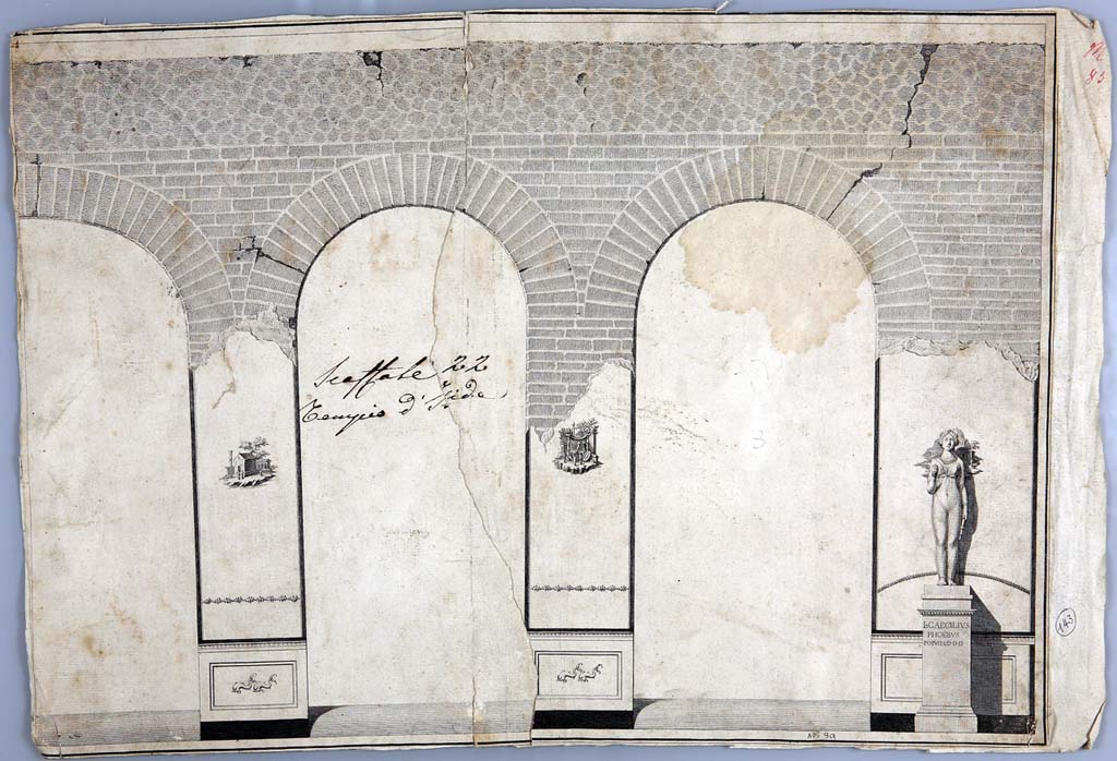 VIII.7.28 Pompeii. Painting by Giovanni Elia Morghen of Ekklesiasterion entrances on west portico showing wall decoration and statue of Isis. 
Now in Naples Archaeological Museum. Inventory number ADS 901.
Photo © ICCD. http://www.catalogo.beniculturali.it
Utilizzabili alle condizioni della licenza Attribuzione - Non commerciale - Condividi allo stesso modo 2.5 Italia (CC BY-NC-SA 2.5 IT)