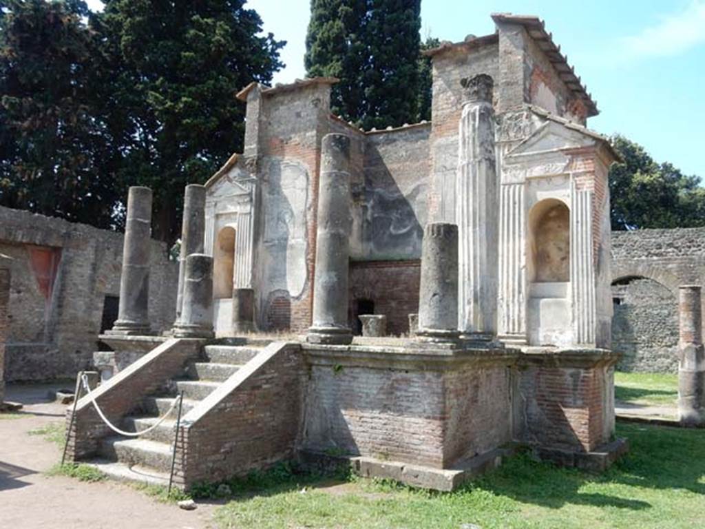 VIII.7.28, Pompeii. May 2015. 
Looking from north-east corner of portico towards the square niche in south portico, on left.  
Photo courtesy of Buzz Ferebee.