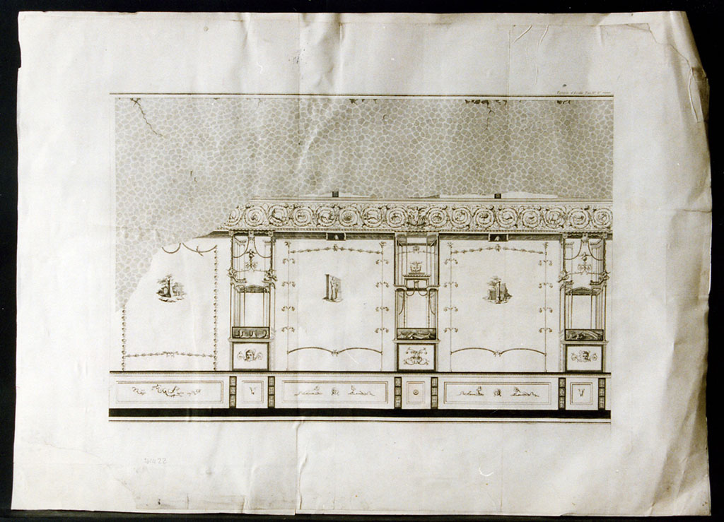 VIII.7.28 Pompeii. Drawing (Ambito Napoletano) of wall decoration of part of north portico.
Now in Naples Archaeological Museum. Inventory number 394944.
Photo © ICCD. http://www.catalogo.beniculturali.it
Utilizzabili alle condizioni della licenza Attribuzione - Non commerciale - Condividi allo stesso modo 2.5 Italia (CC BY-NC-SA 2.5 IT)